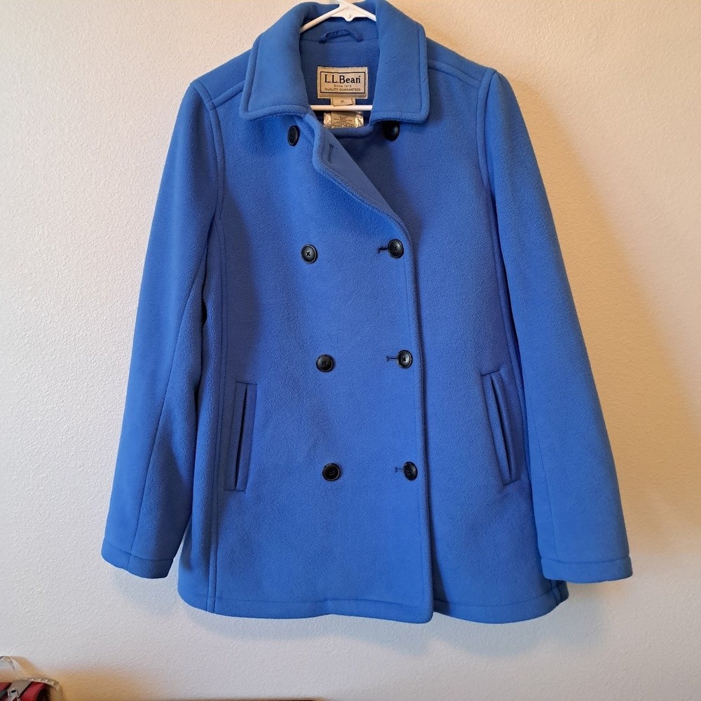 LL Bean Womens Blue Fleece Pea Coat Double Breasted Lined Jacket 295940 M Reg